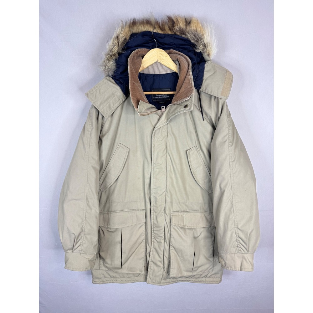 Vintage Sears The Mens Store Down‎ Filled Parka Jacket Tan Fur Hood Medium 80s